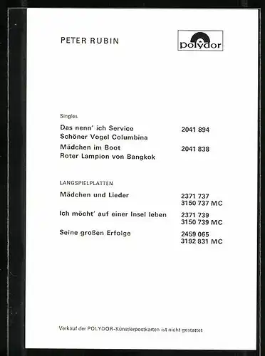 AK Musiker Peter Rubin mit schwarzen Haaren, Autograph