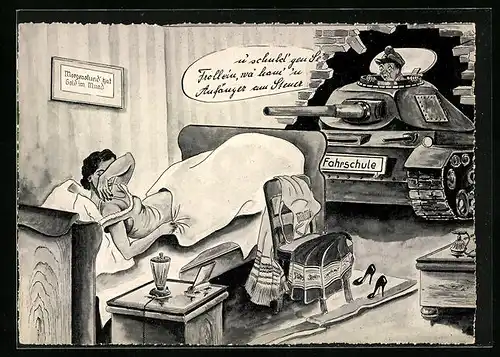 AK Bundeswehr, Soldat im Panzer fährt durch Wand zu Frau ins Schlafzimmer