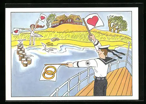 AK NVA, Matrose winkt Frau vom Schiff