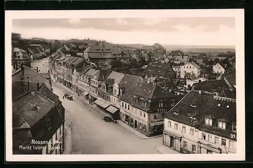 AK Nossen i. Sa., Markt mit Bäckerei H. Ziegenbalgs vom Turm aus gesehen