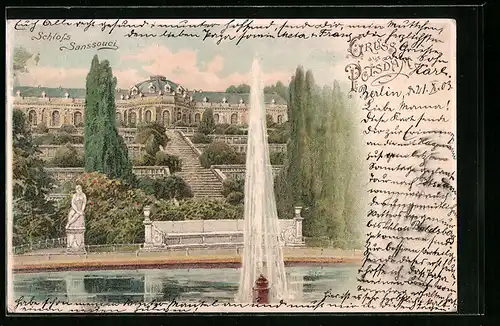 Lithographie Potsdam, Schloss Sanssouci mit Fontäne