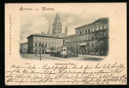 AK Mainz, Guttenberg-Platz mit Denkmal