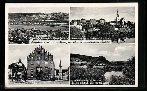 AK Hammelburg / Saale, Rathaus & Pfarrkirche, Schloss Saaleck, Gesamtansicht