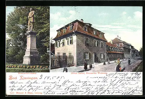AK Bad Kissingen, Obere Saline mit Wohnung Bismarcks, Denkmal