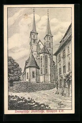 Künstler-AK Wimpfen a. S., Evangelische Stadtkirche