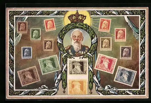 AK Prinzregent Luitpold von Bayern und Briefmarken