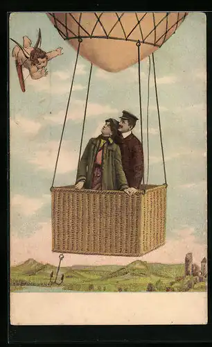 AK Paar im Ballon schaut zu Amor