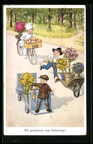 AK Bäcker auf Fahrrad und Jungen mit Blumenwagen, Geburtstagsgruss