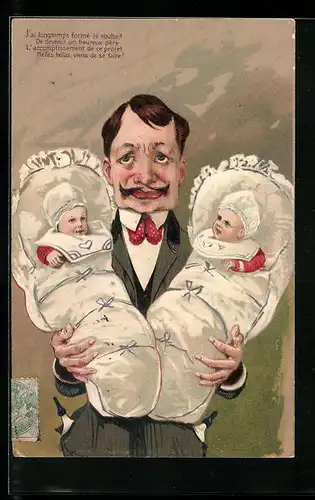Präge-AK Mann mit zwei Babys auf dem Arm, Emanzipation