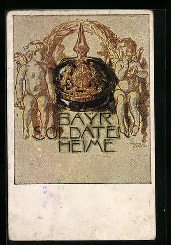 AK Bayr. Soldaten-Heime, Zwei Engel mit Pickelhaube, Kriegshilfe