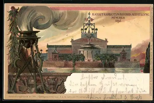 Lithographie München, II. Kraft- u. Arbeitsmaschinen-Ausstellung 1898, Restaruant, Ganzsache Bayern