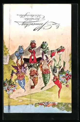 AK Vier Zwerge auf Rollschuhen, Glückwunsch zum Namenstag