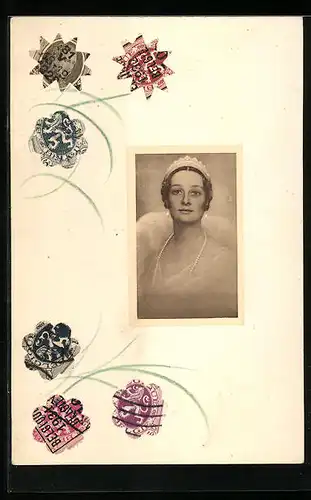 AK Briefmarkencollage, Astrid von Belgien mit Blumen