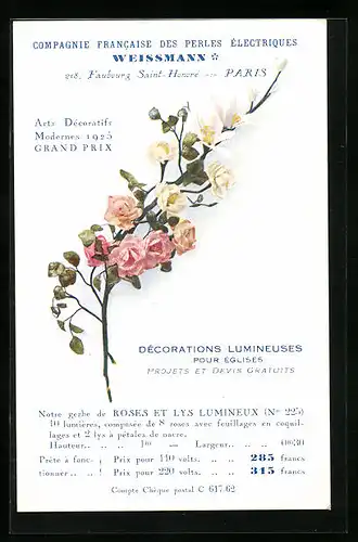 Künstler-AK Paris, Compagnie Francaise des Perles Électriques Weissmann, 218, Faubourg Saint-Honoré, Reklame für Lampen