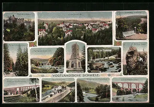 AK Jocketa, Ruine Liebau, Loreley, Charlottenthurm