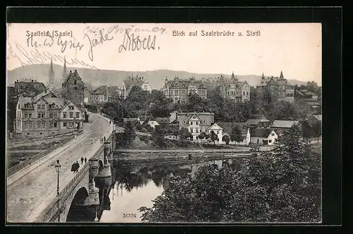 AK Saalfeld / Saale, Blick auf Saalebrücke und Stadt