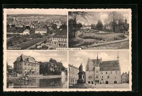 AK Neustadt / Orla, Gamsenteich mit Krankenkasse, Rathaus, Stadtpark mit Stadtmauer
