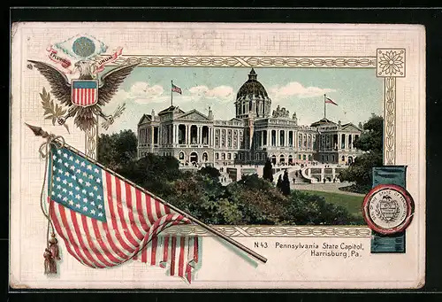 Passepartout-AK Harrisburg, PA, Pennsylvania State Capitol, Flagge und Wappen