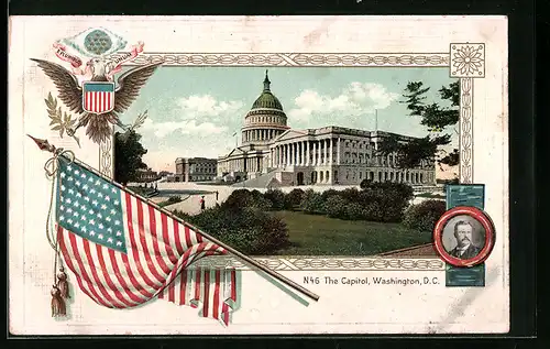 Passepartout-AK Washington D.C., The Capitol, Flagge, Wappen & Portrait