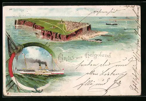 Lithographie Helgoland, Totalansicht, Dampfer Cobra