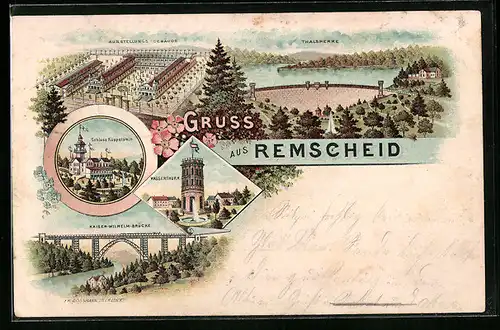 Lithographie Remscheid, Ausstellungs-Gebäude, Schloss Küppelstein, Wasserturm
