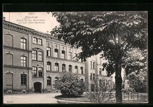 AK Bitterfeld, Partie an der Realschule mit dem Jahn-Denkmal