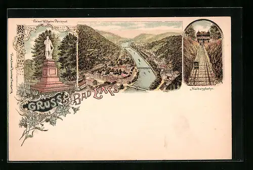 Lithographie Bad Ems, Teilansicht, Malbergbahn, Kaiser Wilhelm-Denkmal