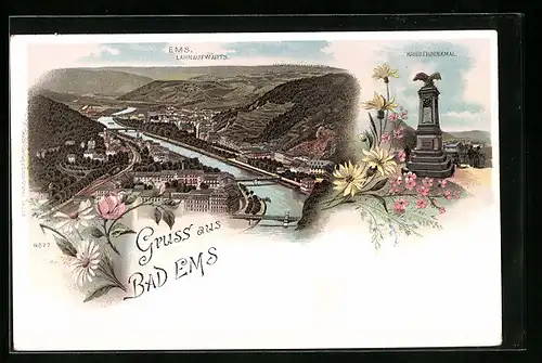 Lithographie Bad Ems, Teilansicht lahnaufwärts, Kriegerdenkmal