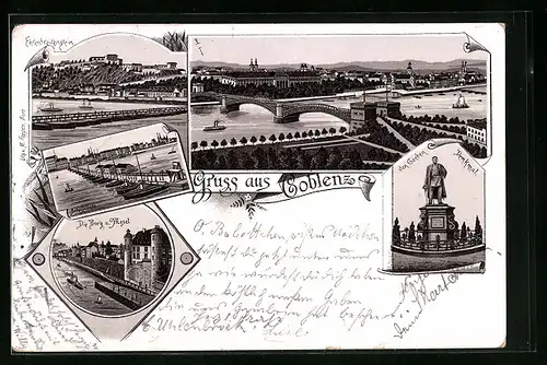 Vorläufer-Lithographie Coblenz, 1895, Ehrenbreitstein, Die Burg u. Mosel, von Goeben-Denkmal