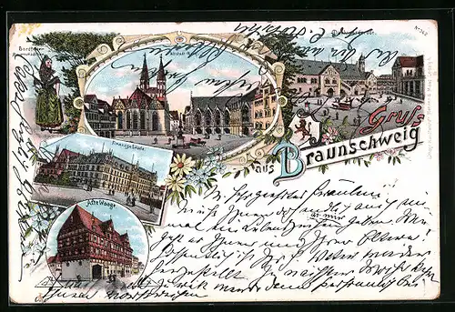 Lithographie Braunschweig, Gasthaus Alte Waage, Altstadt-Markt, Finanzgebäude