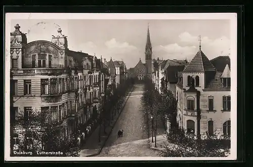 AK Duisburg, Lutherstrasse mit Kirche