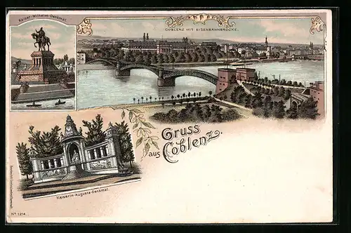 Lithographie Koblenz, Teilansicht mit Eisenbahnbrücke, Kaiserin-Augusta-Denkmal, Kaiser-Wilhelm-Denkmal