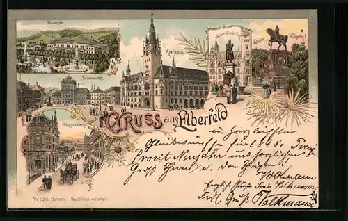Lithographie Elberfeld, Rathaus, Döppersberg, Kaiser Friedrich
