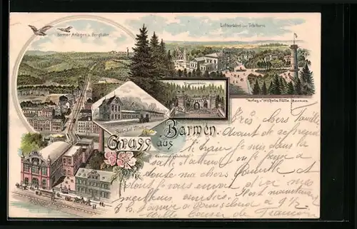 Lithographie Barmen, Luftkurhaus und Tölleturm, Bahnhof, Barmer Anlagen und Bergbahn