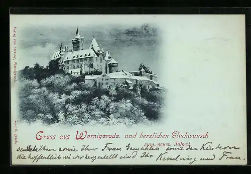 AK Wernigerode, Blick zum Schloss, Neujahrsgruss