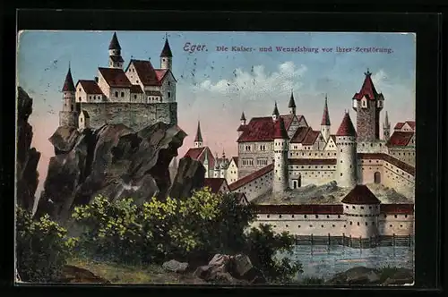Künstler-AK Eger, Die Kaiser- und Wenzelsburg vor ihrer Zerstörung