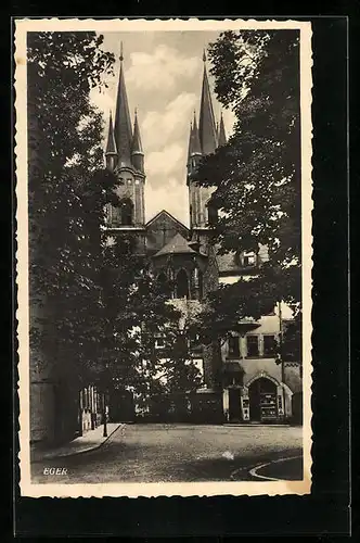 AK Eger, Strassenpartie mit Kirche