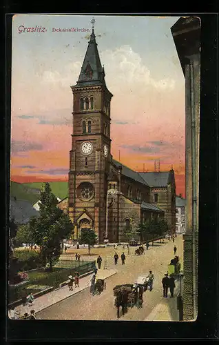 AK Graslitz, Dekanalkirche mit Strasse