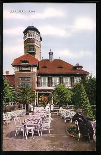 AK Karlsbad, Gasthaus Aberg, Gartenansicht