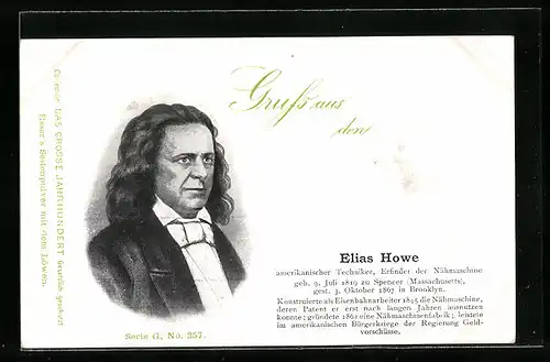 Lithographie Portrait des amerikanischen Erfinders Elias Howe, gelebt von 1819 bis 1867