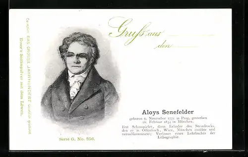 Lithographie Portrait des Erfinders und Schauspielers Aloys Senefelder, gelebt von 1771 bis 1834