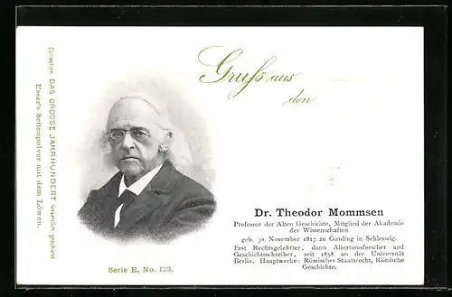 Lithographie Dr. Theodor Mommsen, Portrait des Professor der alten geschichte