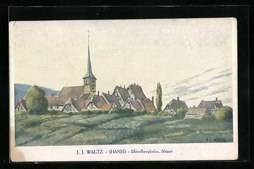 Künstler-AK Hansi: Mittelbergheim, Blick zur Kirche, Elsass
