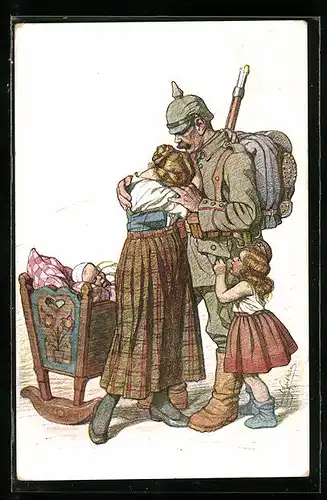 Künstler-AK Emil Beithan: Soldat in Uniform tröstet Frau un Kinder beim Abschied