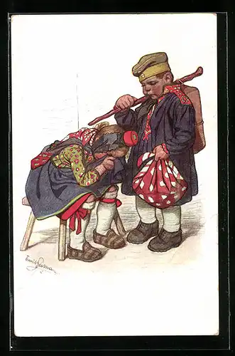 Künstler-AK Emil Beithan: Junge in Soldatenuniform verabschiedet sich von der trauernden Frau