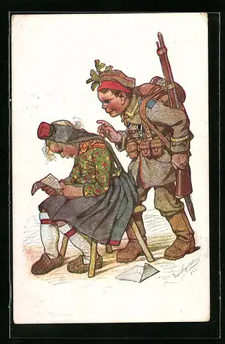 Künstler-AK Emil Beithan: Soldat in Uniform überrascht Frau in Tracht