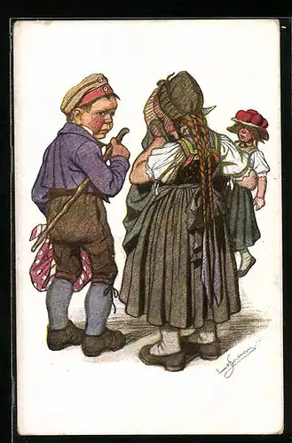 Künstler-AK Emil Beithan: Kinder in Trachten voller Wehmut zum Abschied