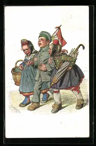 Künstler-AK Emil Beithan: Junge in Uniform wird von zwei Mädchen in Trachten begleitet