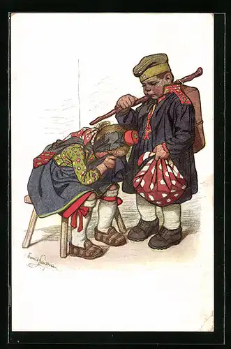 Künstler-AK Emil Beithan: Mädchen in Tracht in Trauer wird von Jungen getröstet