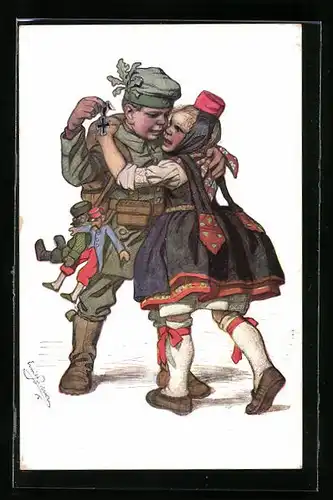 Künstler-AK Emil Beithan: Junge in Uniform mit Eisernem Kreuz hat die wehmütige Freundin im Arm
